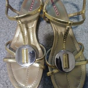 PRADA gold wedge sandal shoe